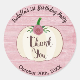 Sticker Rond Citrouille floral blanc en bois rose rustique