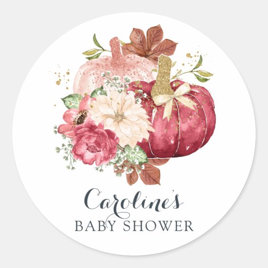 Sticker Rond Citrouille floral Blush Marsala Baby shower (Devant)