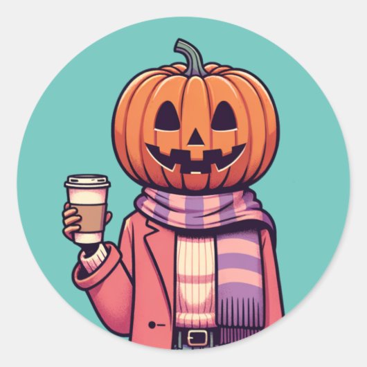 Sticker Rond Citrouille Head Café Automne Saison Chemise (Devant)