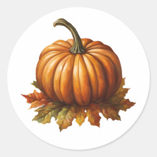 Sticker Rond Citrouille orange et feuilles d'automne