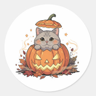 Sticker Rond Citrouille Peek Brit - Halloween Shorthair britann
