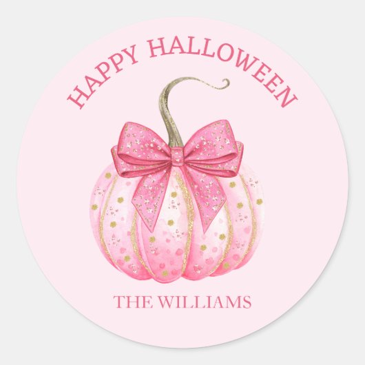 Sticker Rond Citrouille rose Bow Happy Halloween personnalisé (Devant)