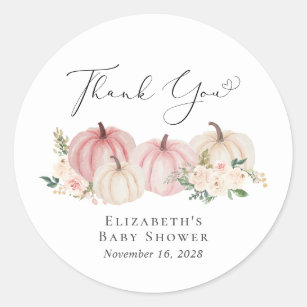 Sticker Rond Citrouille rose Floral bébé fille douche Merci