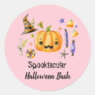 Sticker Rond Citrouille Spooktacular Halloween Bash Party rose