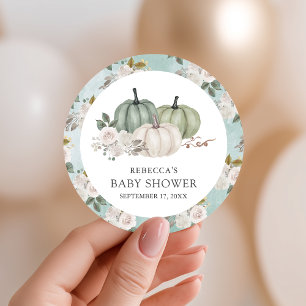 Sticker Rond Citrouille vert Sage Baby shower d'automne Floral