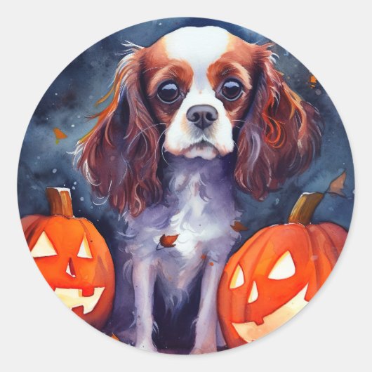 Sticker Rond Citrouilles Cavalier King Charles Spaniel Hallowee (Devant)
