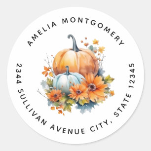 Sticker Rond Citrouilles d'automne avec Fleurs et Foliage - Adr