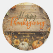 Sticker Rond Citrouilles d'automne sur Rustic Wood Thanksgiving (Devant)