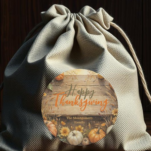 Sticker Rond Citrouilles d'automne sur Rustic Wood Thanksgiving
