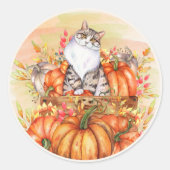 Sticker Rond Citrouilles de chat Automne Orange Blanc (Devant)
