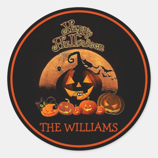 Sticker Rond citrouilles orange éffrayants & chauves-souris Nom (Devant)