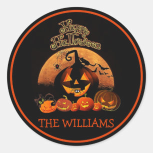 Sticker Rond citrouilles orange éffrayants & chauves-souris Nom