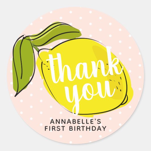 Sticker Rond Citrus citron 1er anniversaire Merci rose pâle (Devant)