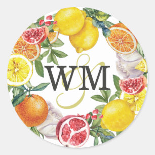 Sticker Rond Citrus Initials Mariage de couronne botanique