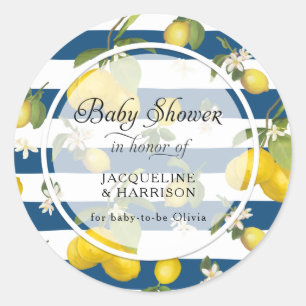 Sticker Rond Citrus Lemon Floral Foliage Navy en bande blanche
