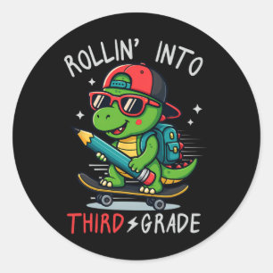 Sticker Rond Ck À l'école qui entre en 3e année T-rex Skateboa