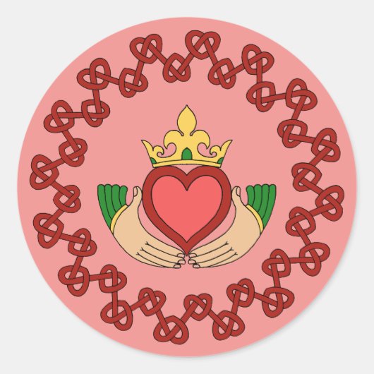 Sticker Rond Claddagh et Red Knotwork sur rose (Devant)