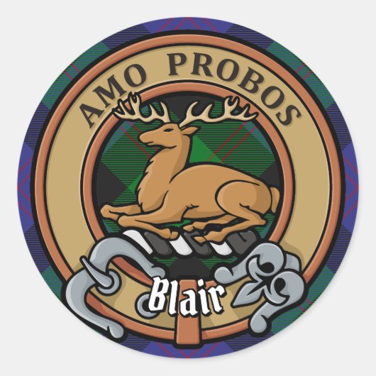 Sticker Rond Clan Blair Crest sur Tartan (Devant)