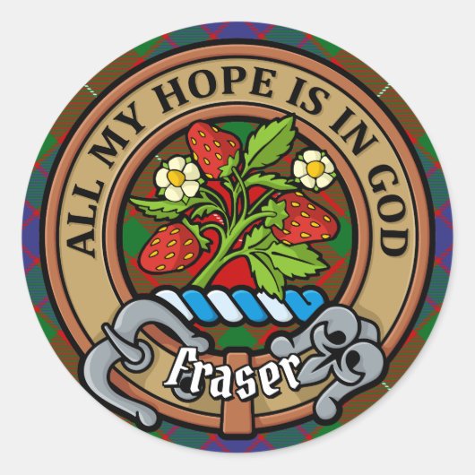 Sticker Rond Clan Fraser Crest sur Tartan (Devant)