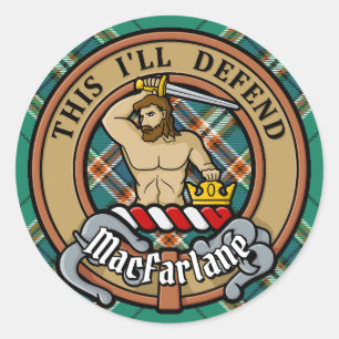 Sticker Rond Clan MacFarlane Crest sur Tartan de chasse antique