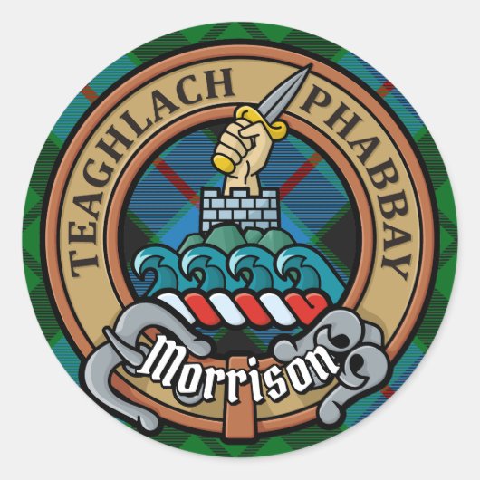 Sticker Rond Clan Morrison Crest sur la chasse Tartan (Devant)