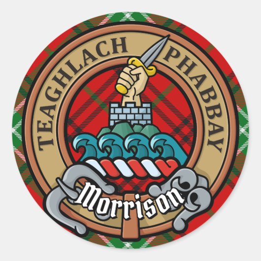 Sticker Rond Clan Morrison Crest sur Red Tartan (Devant)