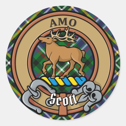 Sticker Rond Clan Scott Crest sur Green Tartan (Devant)