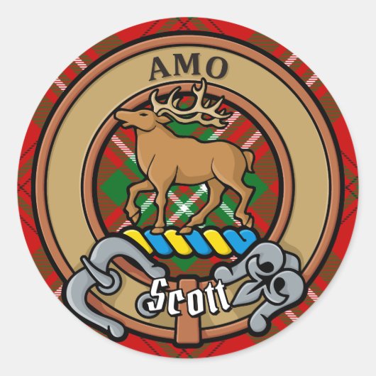 Sticker Rond Clan Scott Crest sur Red Tartan (Devant)