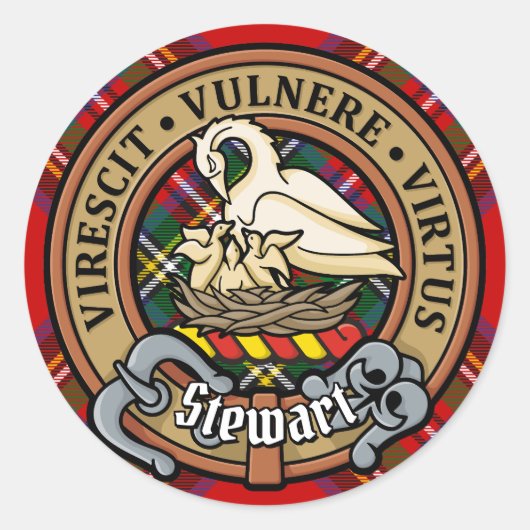 Sticker Rond Clan Stewart Crest sur Royal Tartan (Devant)