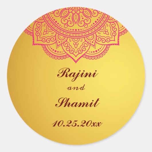 Sticker Rond Clas Mariage Gold Pink Red Indian Paisley (Devant)