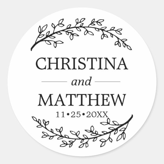 Sticker Rond Classé Blanc Noir Branches Mariage (Devant)