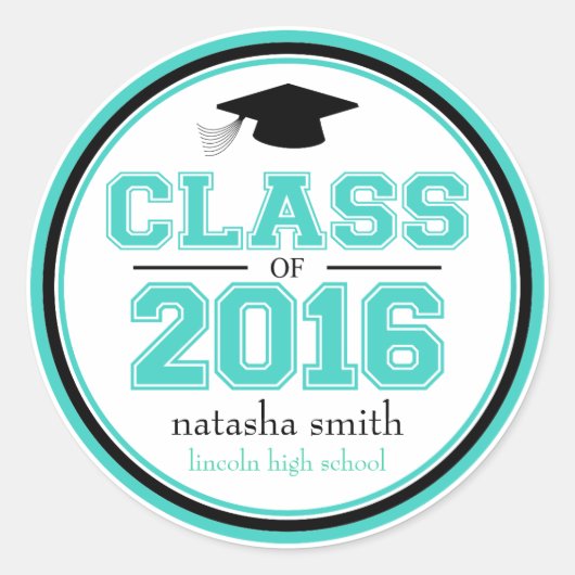 Sticker Rond Classe De 2016 Faveur De Graduation (Turquoise / N (Devant)