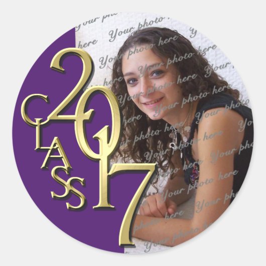 Sticker Rond Classe de 2017 Purple and Gold Graduation Photo (Devant)