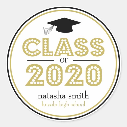 Sticker Rond Classe De 2020 Faveur De Graduation (Or / Noir) (Devant)