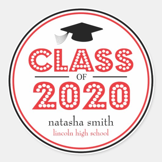 Sticker Rond Classe De 2020 Faveur De Graduation (Rouge / Noir) (Devant)