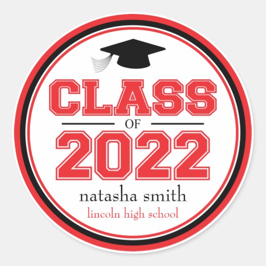 Sticker Rond Classe De 2022 Faveur De Graduation (Rouge / Noir) (Devant)