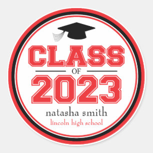 Sticker Rond Classe De 2023 Faveur De Graduation (Rouge / Noir)