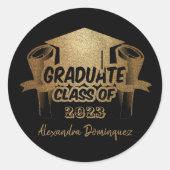 Sticker Rond Classe de 2023 Parties scintillant d'or Black Grad (Devant)