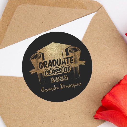 Sticker Rond Classe de 2023 Parties scintillant d'or Black Grad
