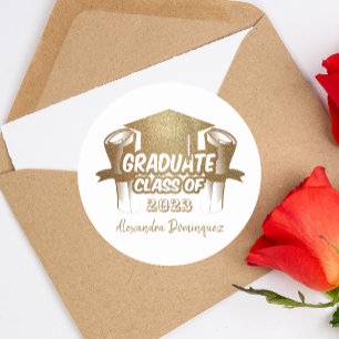 Sticker Rond Classe de 2023 Parties scintillant d'or White Grad