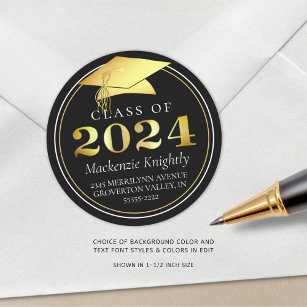 Sticker Rond Classe de 2024 Elegant Black Gold Adresse de retou