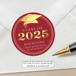 Sticker Rond Classe de 2025 Elegant Red Gold Personnalisé