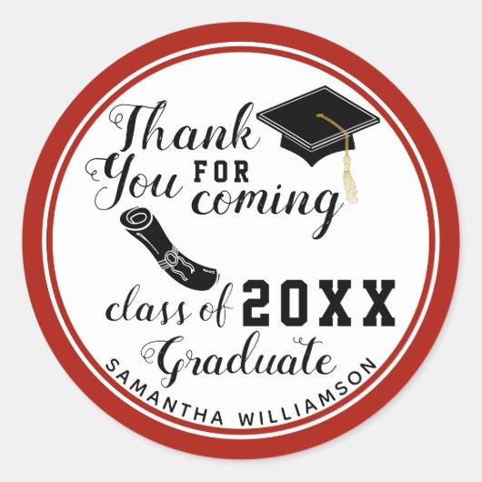 Sticker Rond Classe de 2025 Graduate White Red Black Merci (Devant)