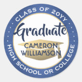 Sticker Rond Classe de diplôme Année Brossé Bleu et Or Moderne (Devant)