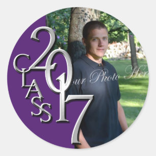 Sticker Rond Classe de photo de graduation violet et argent 201