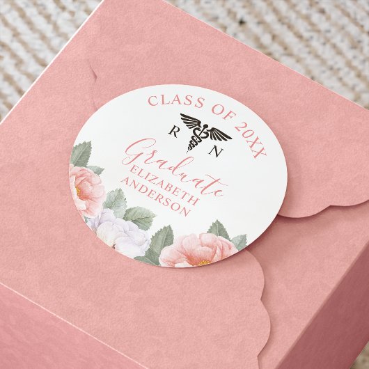 Sticker Rond Classe de soins infirmiers Diplômé rose florale Aq