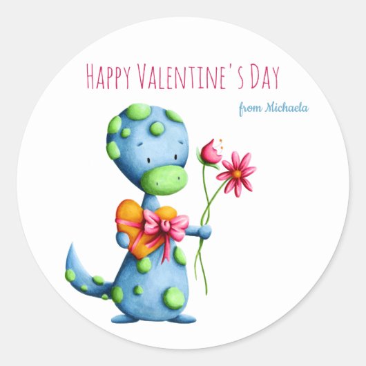 Sticker Rond Classe d'école Blue Dinosaur Kids Valentine's Day (Devant)