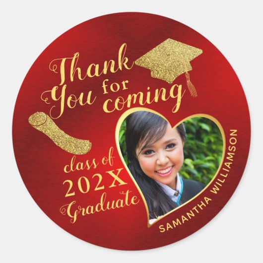 Sticker Rond Classe Merci rouge et or de 2025 Graduation (Devant)