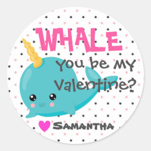 Sticker Rond Classe Narwhal Valentine "Whale you be mine"