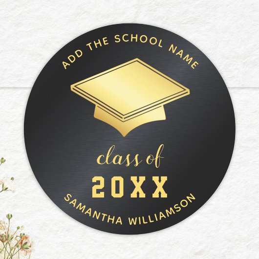 Sticker Rond Classe Noir et Or de 2025 Graduation sur mesure
